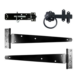 TIMCO Side Gate Kit Medium Tee Hinges Ring Latch & Brenton Padbolt Black - 18"