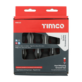 TIMCO Stubby Screwdriver Set, Slotted, Phillips and Pozi Drive Screwdrivers with Magnetic Tips, Ergonomic Anti-Slip Handle - 6 Pieces