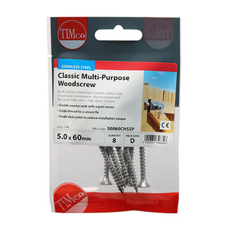 TIMCO Classic Multi-Purpose Countersunk A2 Stainless Steel Woodscrews - 5.0 x 60