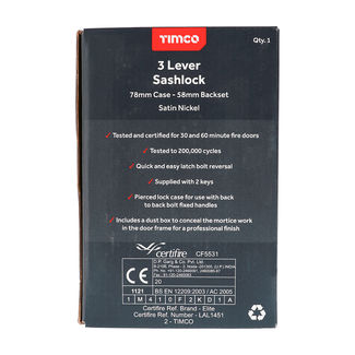 TIMCO 3 Lever Satin Nickel Mortice Sashlock 78mm Case 58mm Backset 