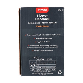 TIMCO 3 Lever Electro Brass Mortice Deadlock 65mm Case 45mm Backset 