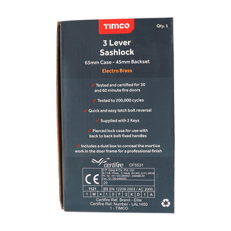 TIMCO 3 Lever Electro Brass Mortice Sashlock 65mm Case 45mm Backset 