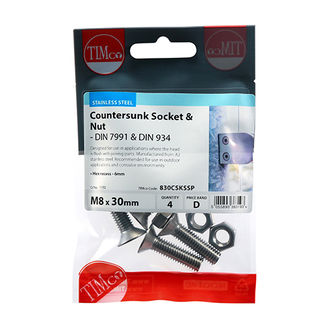 TIMCO Countersunk Socket Screws DIN7991 A2 Stainless Steel - M8 x 30