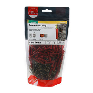 TIMCO Red Plastic Plugs with Screws - 30mm Red Plug, 4.0x40 Screw